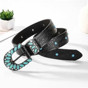 Women’s Western Turquoise Cowgirl Black Leather Belt for Jeans & Pants 42" In.